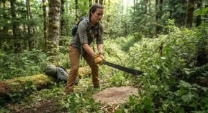 An outdoor enthusiast using a versatile machete for camping to clear a space for a tent.