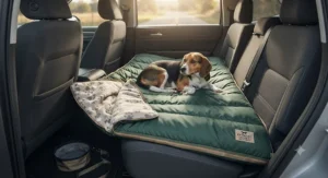 A machine-washable dog sleeping bag spread out on the back seat of a car.