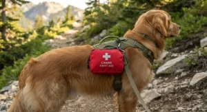 Durable waterproof dog first aid kit pouch clipped onto a hiking harness