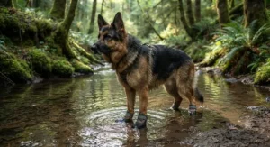 A German shepherd standing in shallow creek water wearing waterproof dog hiking boots.