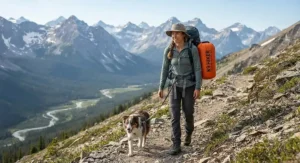A waterproof dog sleeping bag being carried by a hiker on a mountain trail.