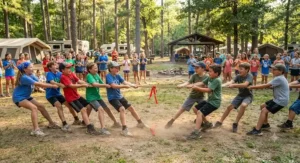 Kids playing a rousing game of tug-of-war at a summer family camp