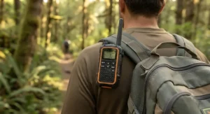 Compact two-way radio for camping securely clipped to a backpack shoulder strap on a hiking trail