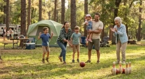 Happy family with kids playing outdoor lawn games together at a state park campground