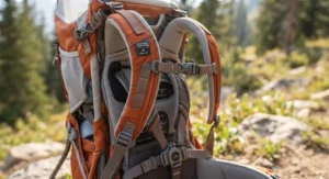 Close-up of adjustable straps and safety harness on a child carrier backpack for hiking
