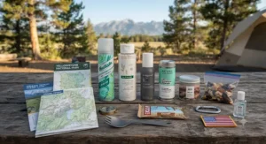 Flat lay of top-rated dry shampoo sprays and powders surrounded by US national park maps and trail snacks.