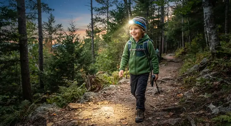 A young child wearing the best kids headlamp while hiking on a trail at dusk