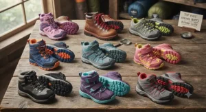 A selection of the best kids hiking boots laid out to show tread patterns and lace designs.