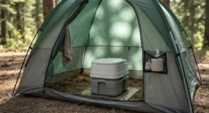 A self-contained flushable portable camping toilet inside a privacy shelter tent
