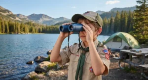 Boy scout looking through blue kids binoculars for camping at a lakeside campsite.