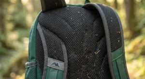 Detailed view of the breathable mesh back panel on a supportive kids hiking backpack.