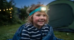 Close-up of a smiling child using a bright LED headlamp during a backyard campout