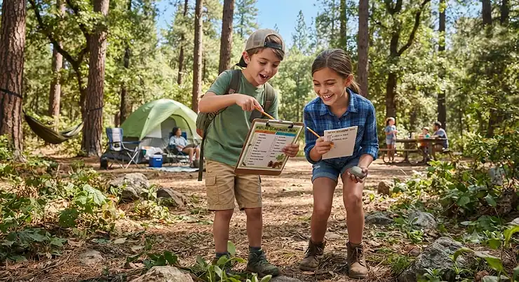 Children checking off items on a nature scavenger hunt list during a family camping trip camping games for kids