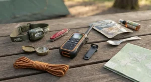 Flat lay of essential camping gear including a headlamp, pocketknife, and two-way radio for camping