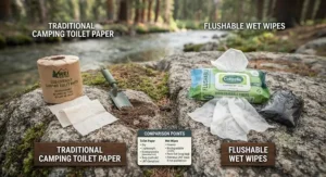 Comparison illustration between traditional camping toilet paper and flushable wet wipes.