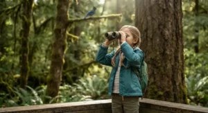 Young girl using kids binoculars for camping to observe birds in a national park.