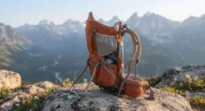 Child carrier backpack for hiking with a durable, foldable aluminum frame standing upright