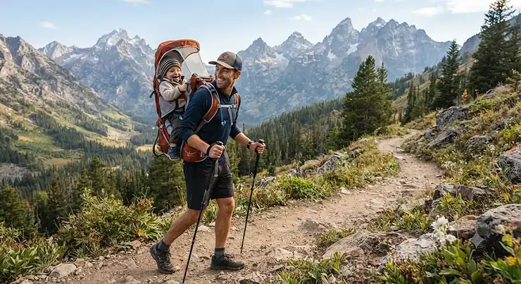 Father hiking on a mountain trail with a toddler in a child carrier backpack