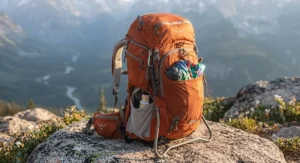 Child carrier backpack for hiking showing zippered storage compartments and gear pockets