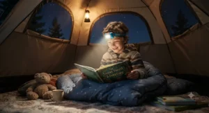 A happy kid sitting inside a tent reading a book at night using their headlamp
