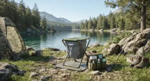 Compact emergency portable toilet set up by a lakeside campsite during a fishing trip