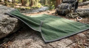 A durable, tear-resistant microfiber towel for camping spread out to show its reinforced stitched edges.