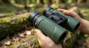 Close-up of shockproof kids binoculars for camping featuring rubber armored grips for little hands.
