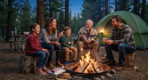 Family sitting around a campfire roasting marshmallows and playing campfire storytelling games