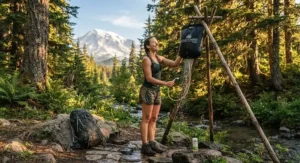 A person rinsing off after a hike using a solar shower for camping in a scenic natural environment.
