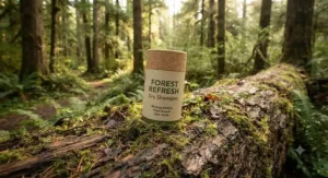 Eco-friendly, biodegradable dry shampoo container sitting on a log in a heavily wooded American forest.