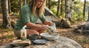 A camper using biodegradable soap for camping on a sponge to clean a camping mess kit outdoors.