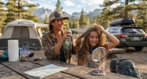 A mother and daughter sharing a bottle of dry shampoo at a rustic picnic table during a family road trip and camping vacation.