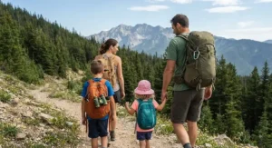 Family hiking together on a sunny afternoon with kids binoculars for camping packed in an outdoor backpack.