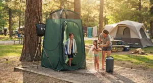 A family utilizing a portable solar shower stall system at a developed campground site.