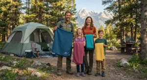 A family holding colorful microfiber towels for camping while standing near their tent at a national park.