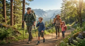 A family hiking together in a national park with children using walkie talkies for communication during their camping trip.