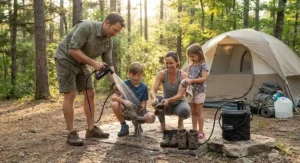 A family washing dirt off their hiking boots using a handheld portable camp shower outdoors.