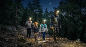 A family enjoying a night hike together with children wearing their headlamps