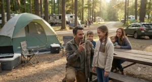 Family members using a two-way radio for camping at a crowded national park campground