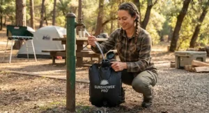 A camper filling a portable solar shower bag from a campground water spigot.