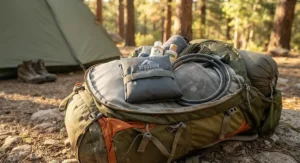 A lightweight and folded portable camp shower packed compactly inside an outdoor backpack.