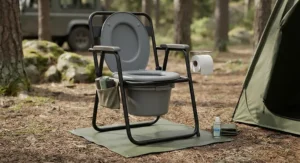 Sturdy heavy-duty portable commode chair used as an emergency camping toilet