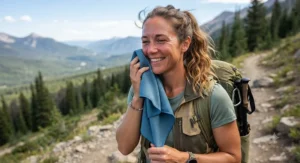 A smiling hiker drying their face with a lightweight microfiber towel for camping after a trail hike.