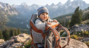 Infant securely seated facing forward in a child carrier backpack for hiking