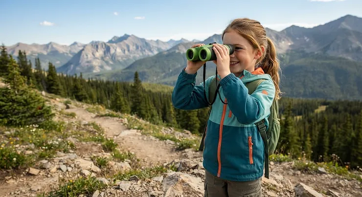 A smiling child holding green kids binoculars for camping while looking out at a mountain trail.
