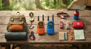A flat-lay of essential gear for kids camping, including a backpack, compass, and a pair of brightly colored walkie talkies.