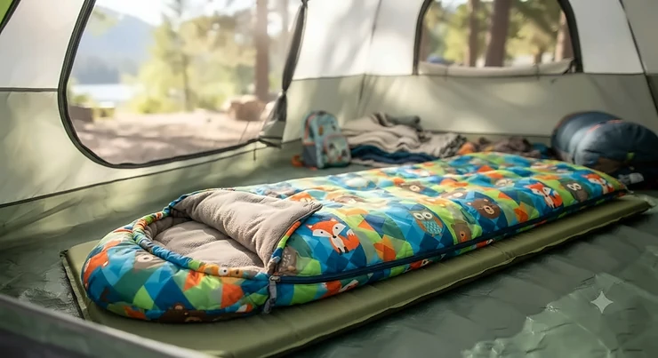A colorful kids sleeping bag laid out in a tent for a family camping trip.