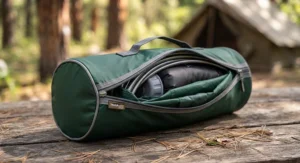 A lightweight camp_shower tent folded inside its compact carrying case for backpacking.
