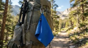 A blue lightweight microfiber towel for camping hanging from a carabiner on the outside of a hiking backpack.