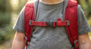 Close-up of a vibrant red toddler hiking backpack showing the adjustable chest strap.